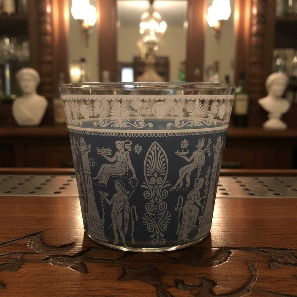 Wedgwood Blue Glass Ice Bucket, Jeanette Corinthian Style, Vtg Hellenic Design